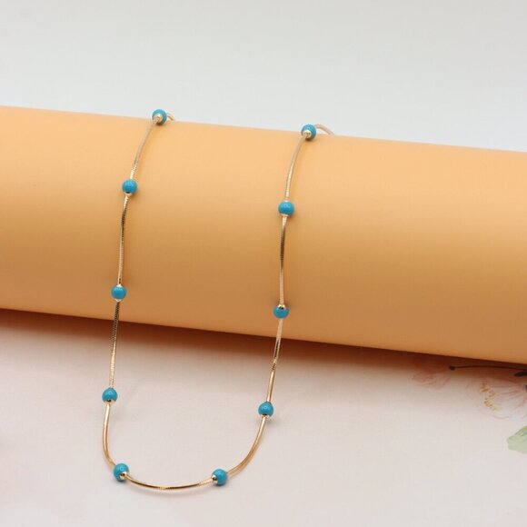 Rose Gold Chain Necklace with Blue Beads Elegant Style, XPNL0256 - Picture 1 of 12